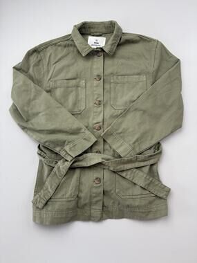 &DENIM Jacket Womens Medium Green Cotton Twill Belted Button Front Utility Army